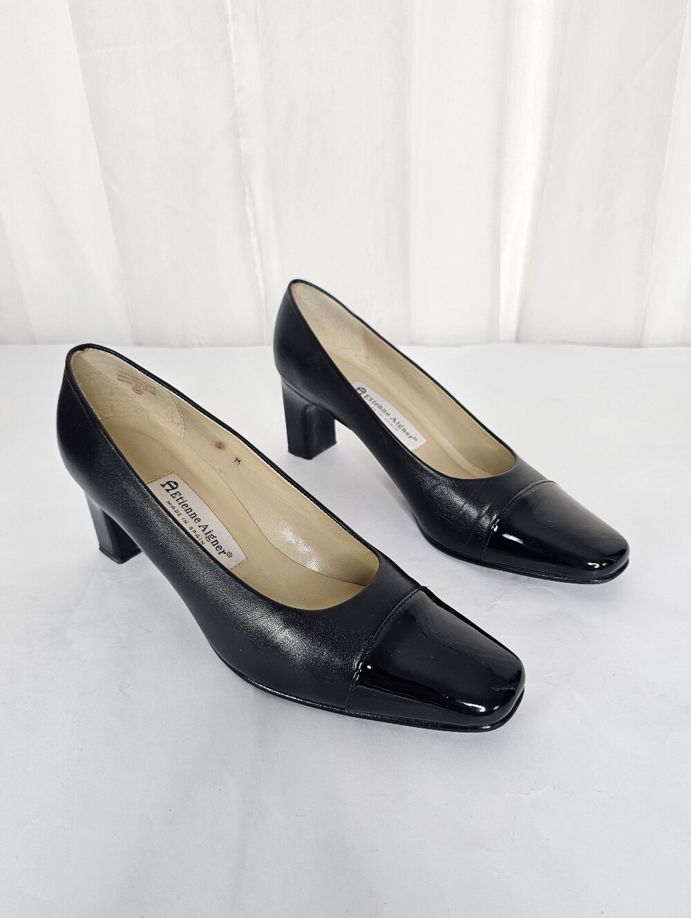 Etienne Aigner Strada Black Leather Cap Toe Block Heel Pumps